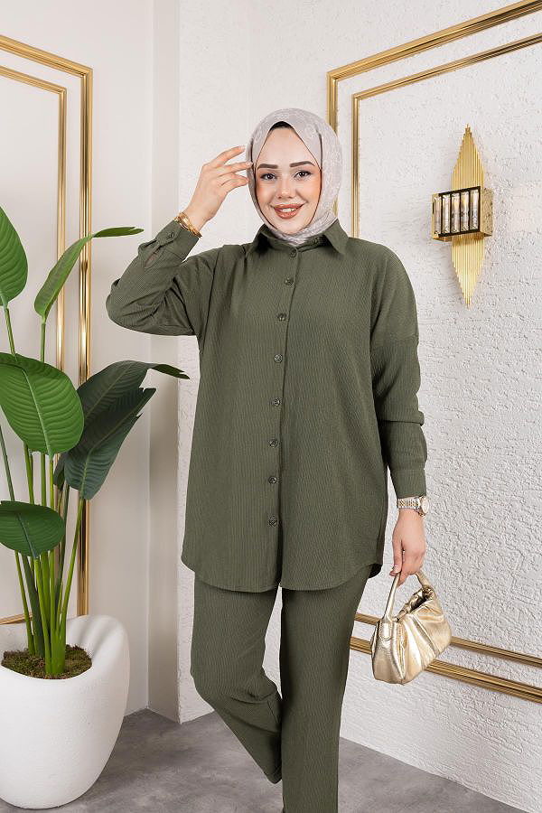 Önden Düğmeli İkili Takım-5027 Hakiyeşili