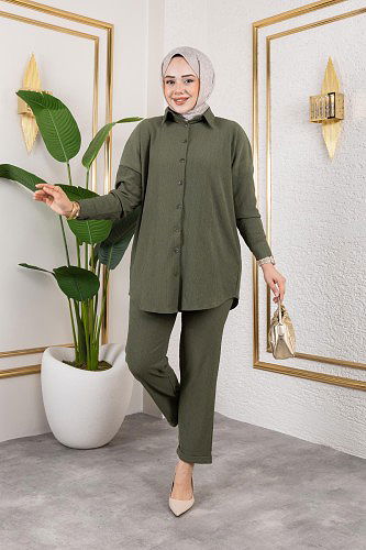 Önden Düğmeli İkili Takım-5027 Hakiyeşili - Thumbnail