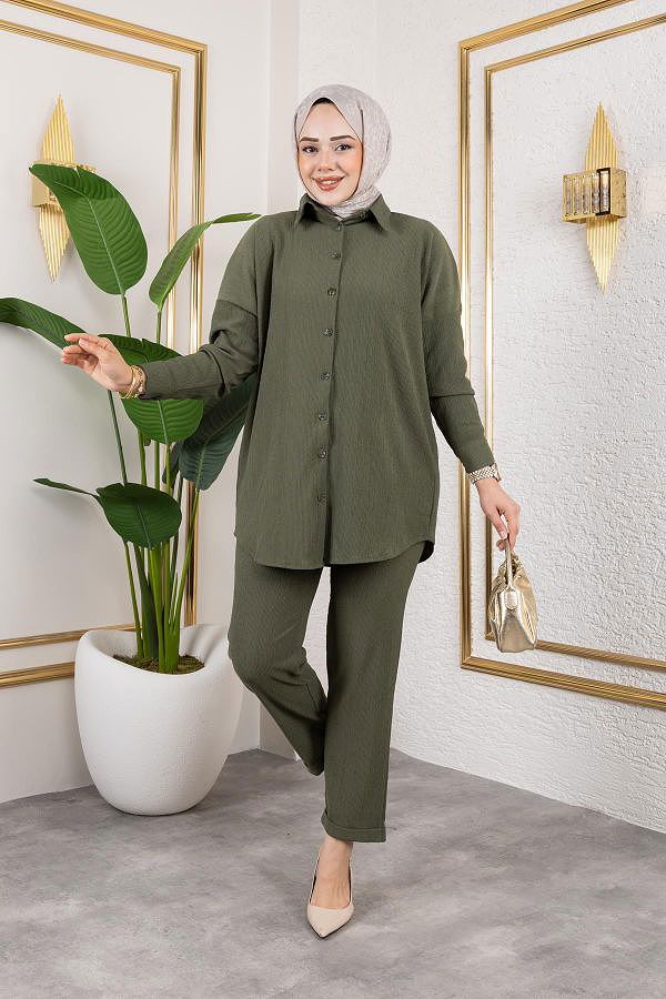 Önden Düğmeli İkili Takım-5027 Hakiyeşili