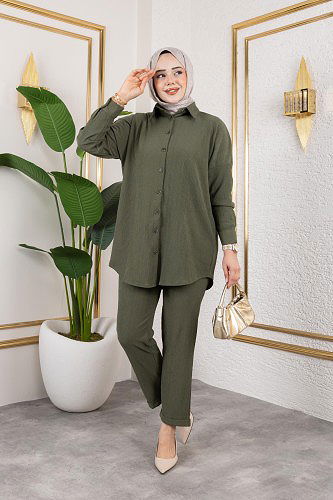 Modaebva - Önden Düğmeli İkili Takım-5027 Hakiyeşili