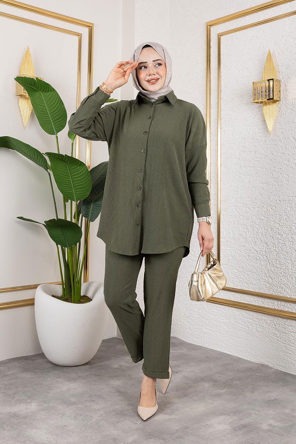 Önden Düğmeli İkili Takım-5027 Hakiyeşili