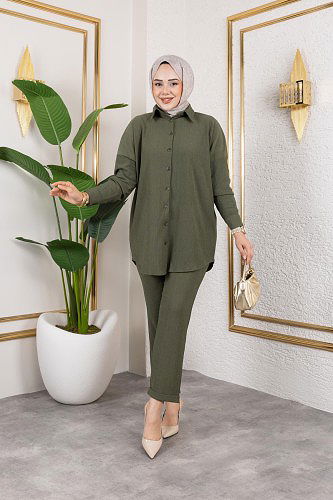 Önden Düğmeli İkili Takım-5027 Hakiyeşili - Thumbnail