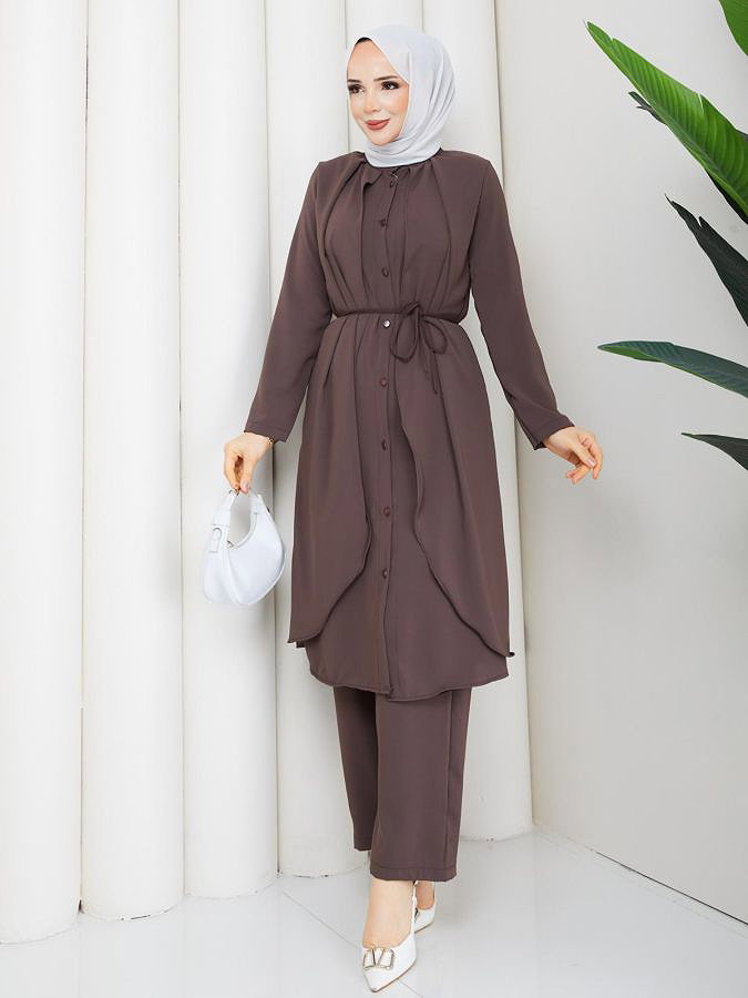 Önden Düğmeli İkili Tesettür Takım-5182 Kahverengi