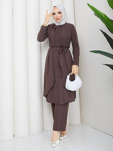 Önden Düğmeli İkili Tesettür Takım-5182 Kahverengi - Thumbnail