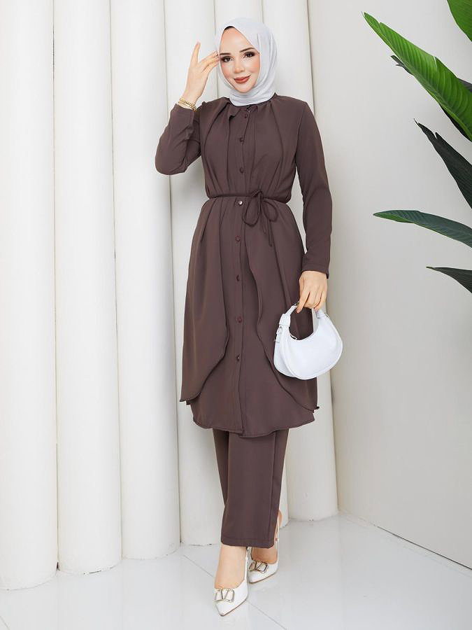 Önden Düğmeli İkili Tesettür Takım-5182 Kahverengi