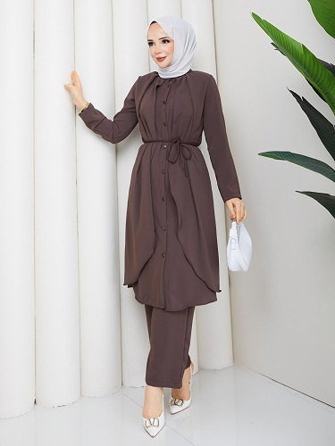 Önden Düğmeli İkili Tesettür Takım-5182 Kahverengi - Thumbnail