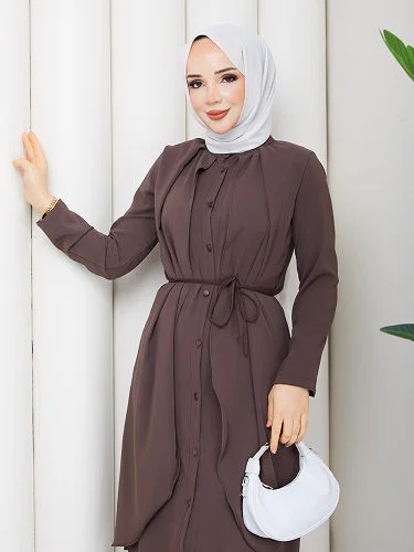 Modaebva - Önden Düğmeli İkili Tesettür Takım-5182 Kahverengi (1)