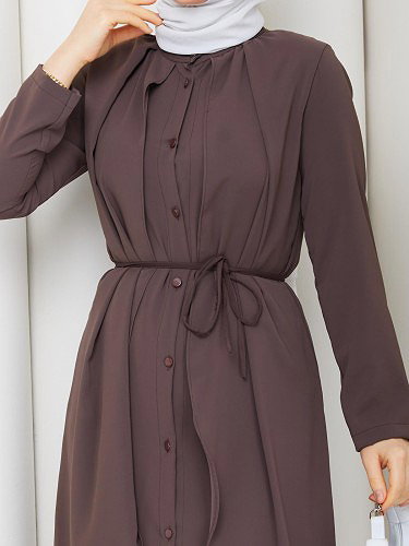 Önden Düğmeli İkili Tesettür Takım-5182 Kahverengi - Thumbnail