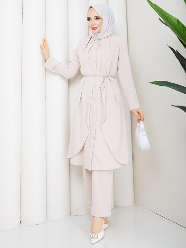 Önden Düğmeli İkili Tesettür Takım-5182 Krem - Thumbnail