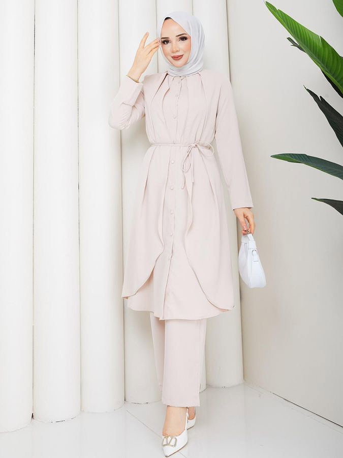 Önden Düğmeli İkili Tesettür Takım-5182 Krem