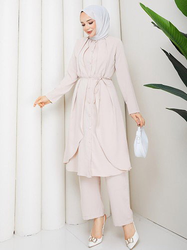 Önden Düğmeli İkili Tesettür Takım-5182 Krem - Thumbnail