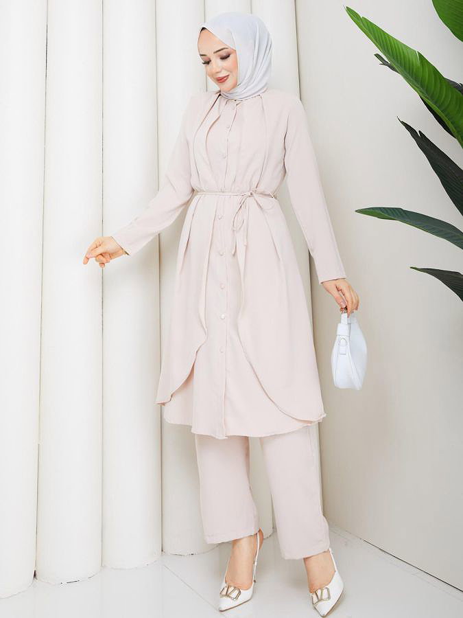 Önden Düğmeli İkili Tesettür Takım-5182 Krem