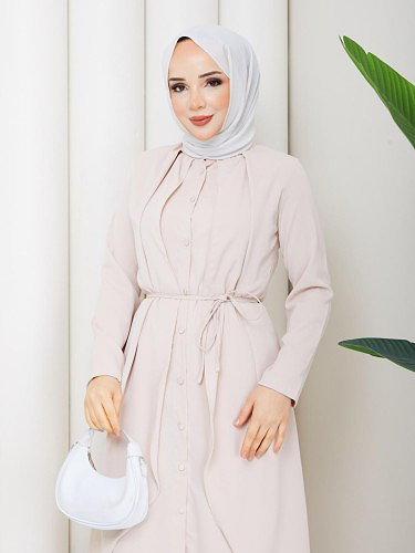 Önden Düğmeli İkili Tesettür Takım-5182 Krem - Thumbnail