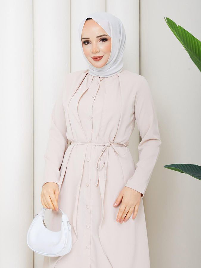 Önden Düğmeli İkili Tesettür Takım-5182 Krem
