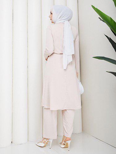 Önden Düğmeli İkili Tesettür Takım-5182 Krem - Thumbnail