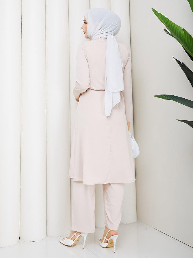 Önden Düğmeli İkili Tesettür Takım-5182 Krem