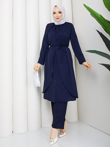 Modaebva - Önden Düğmeli İkili Tesettür Takım-5182 Lacivert