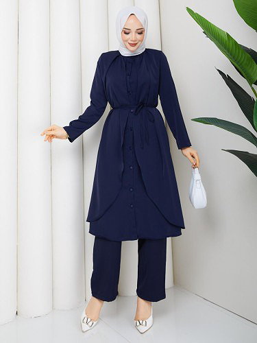 Önden Düğmeli İkili Tesettür Takım-5182 Lacivert - Thumbnail