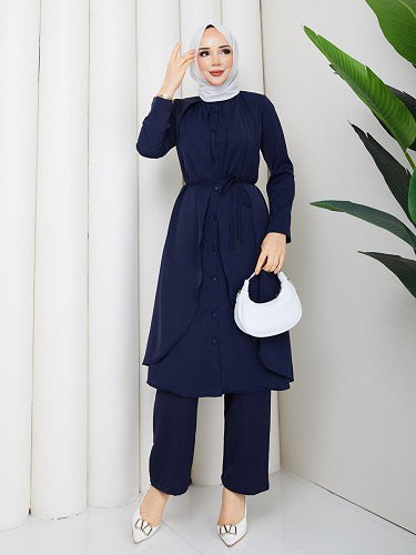 Önden Düğmeli İkili Tesettür Takım-5182 Lacivert - Thumbnail