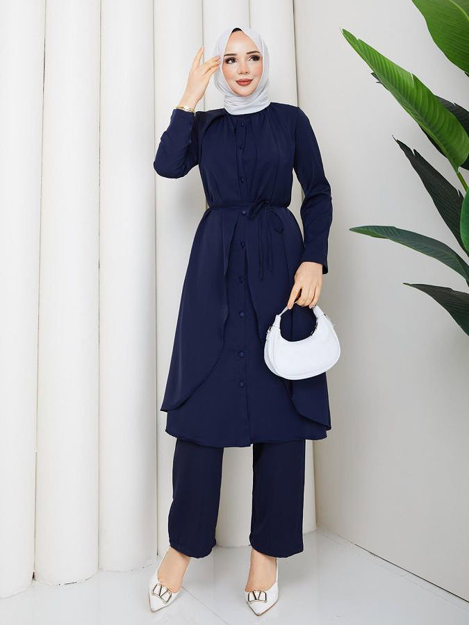 Önden Düğmeli İkili Tesettür Takım-5182 Lacivert