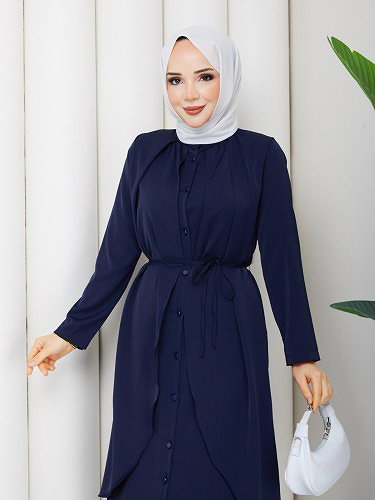 Modaebva - Önden Düğmeli İkili Tesettür Takım-5182 Lacivert (1)