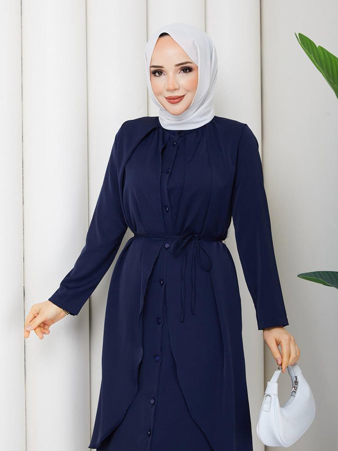 Önden Düğmeli İkili Tesettür Takım-5182 Lacivert