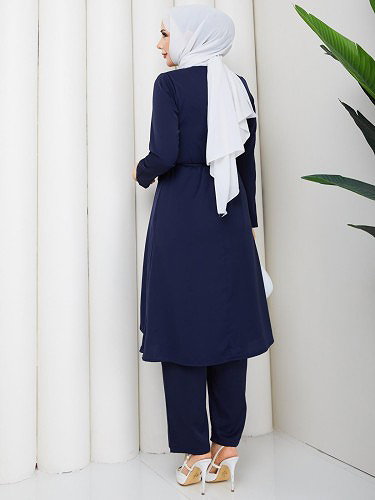 Önden Düğmeli İkili Tesettür Takım-5182 Lacivert - Thumbnail