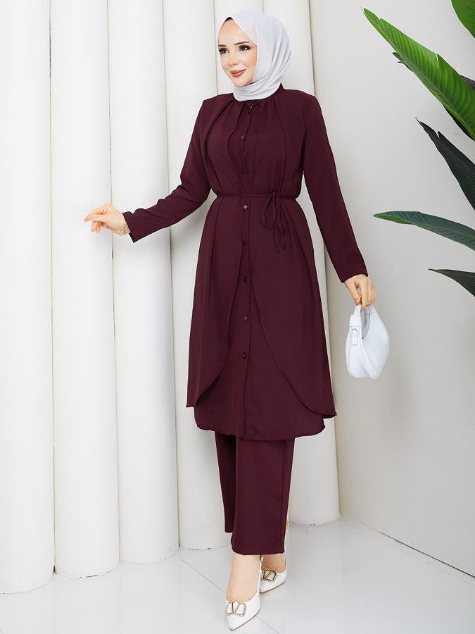 Önden Düğmeli İkili Tesettür Takım-5182 Mürdüm