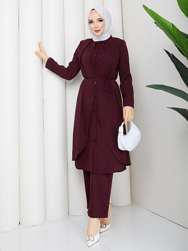 Modaebva - Önden Düğmeli İkili Tesettür Takım-5182 Mürdüm