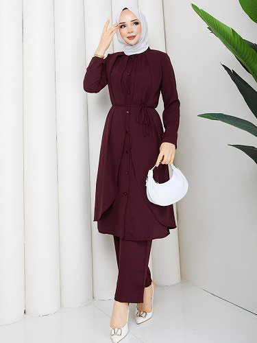 Önden Düğmeli İkili Tesettür Takım-5182 Mürdüm - Thumbnail