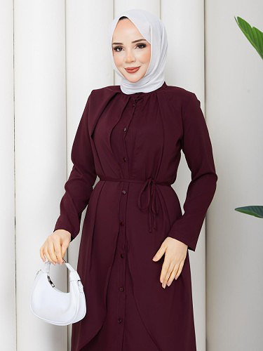 Modaebva - Önden Düğmeli İkili Tesettür Takım-5182 Mürdüm (1)
