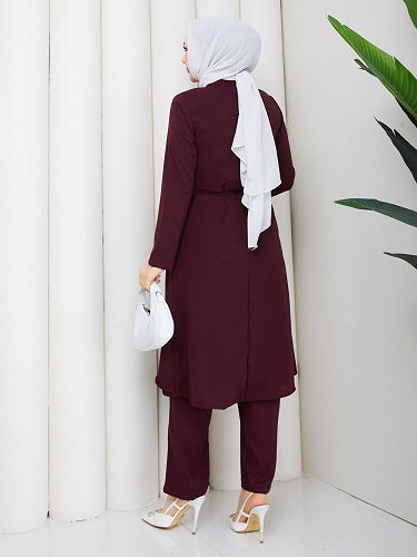 Önden Düğmeli İkili Tesettür Takım-5182 Mürdüm - Thumbnail