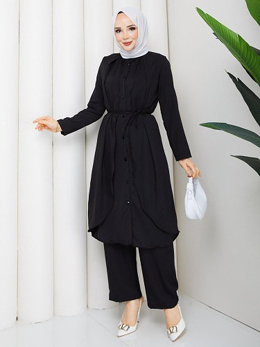 Önden Düğmeli İkili Tesettür Takım-5182 Siyah - Thumbnail