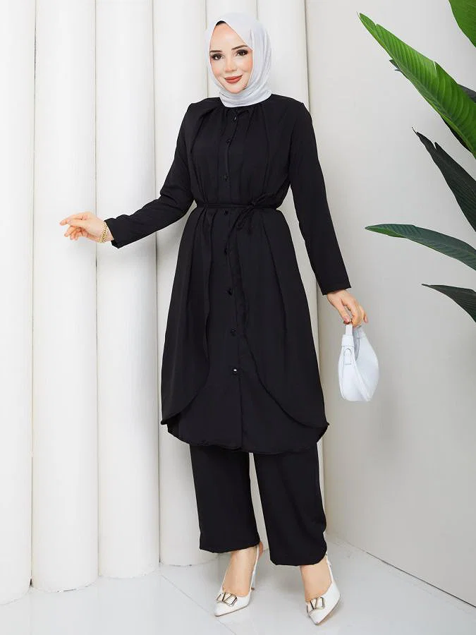 Önden Düğmeli İkili Tesettür Takım-5182 Siyah