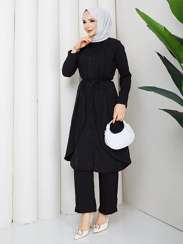 Önden Düğmeli İkili Tesettür Takım-5182 Siyah - Thumbnail