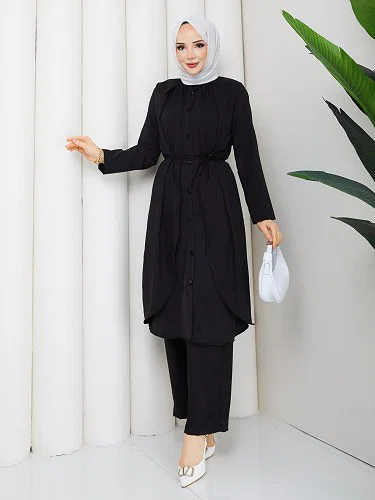 Önden Düğmeli İkili Tesettür Takım-5182 Siyah - Thumbnail