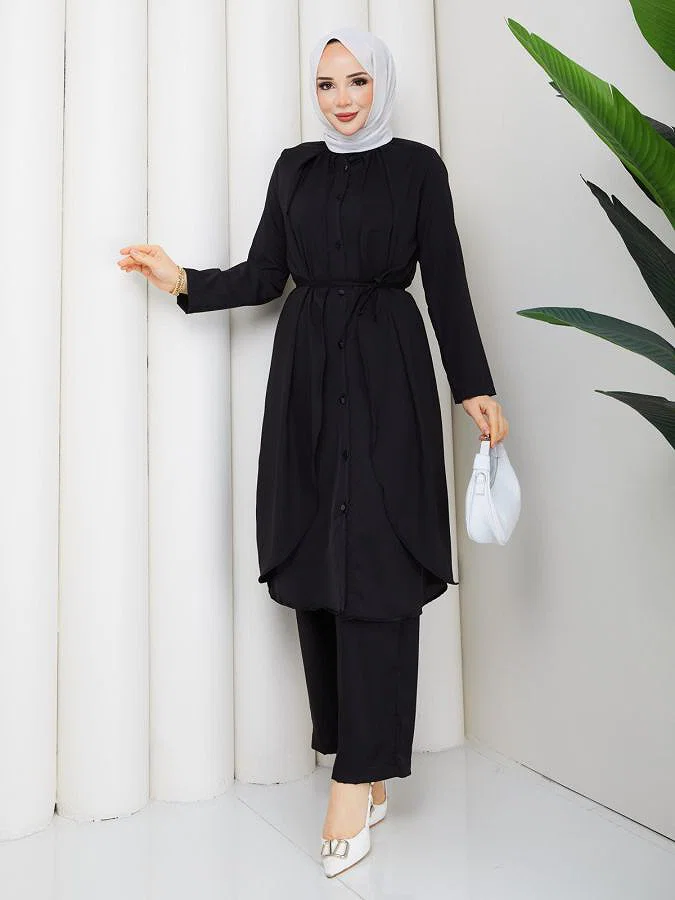 Önden Düğmeli İkili Tesettür Takım-5182 Siyah