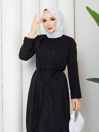 Önden Düğmeli İkili Tesettür Takım-5182 Siyah - Thumbnail