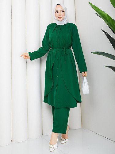 Önden Düğmeli İkili Tesettür Takım-5182 Yeşil - Thumbnail