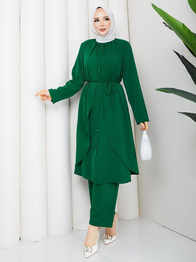 Önden Düğmeli İkili Tesettür Takım-5182 Yeşil