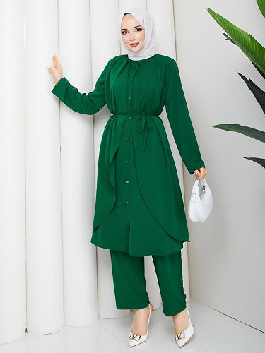 Önden Düğmeli İkili Tesettür Takım-5182 Yeşil - Thumbnail