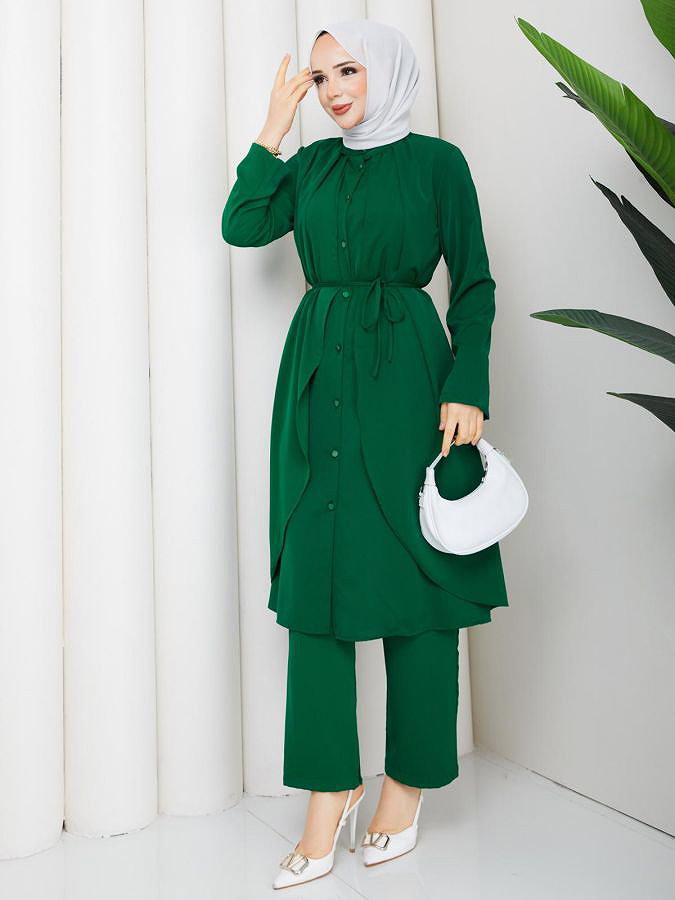 Önden Düğmeli İkili Tesettür Takım-5182 Yeşil