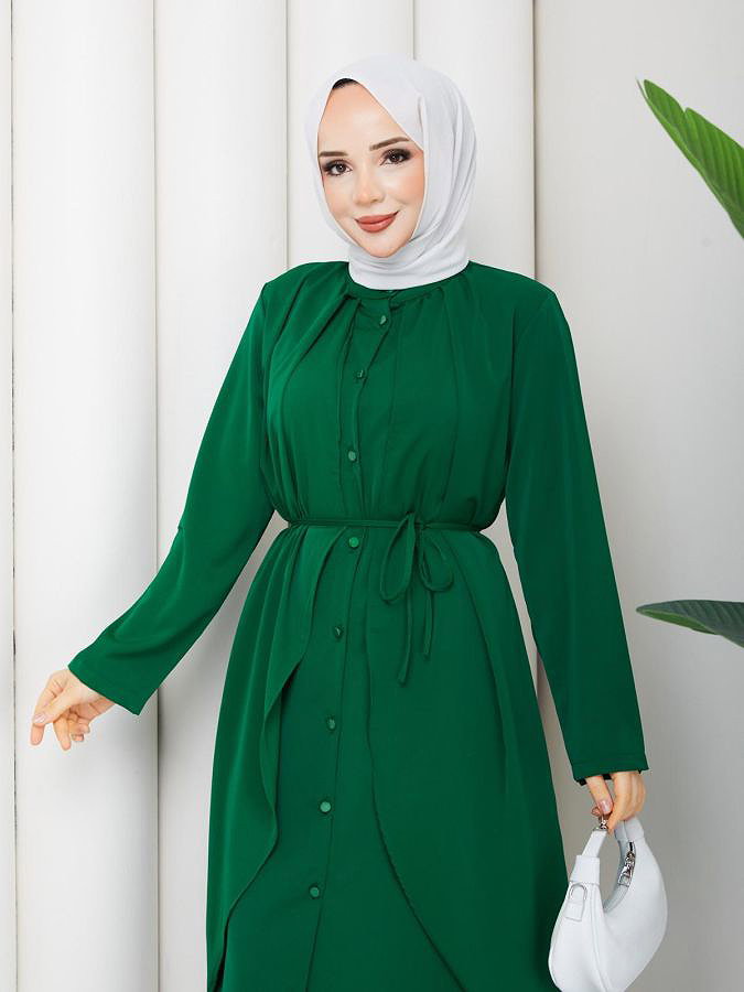Önden Düğmeli İkili Tesettür Takım-5182 Yeşil