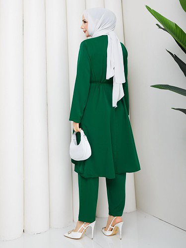 Önden Düğmeli İkili Tesettür Takım-5182 Yeşil - Thumbnail