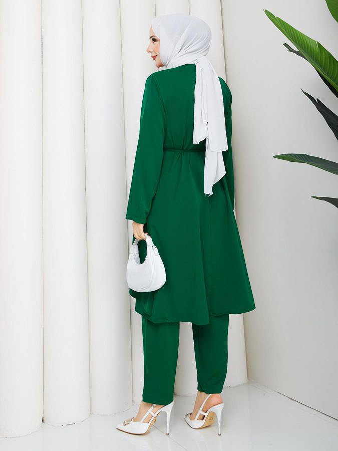 Önden Düğmeli İkili Tesettür Takım-5182 Yeşil