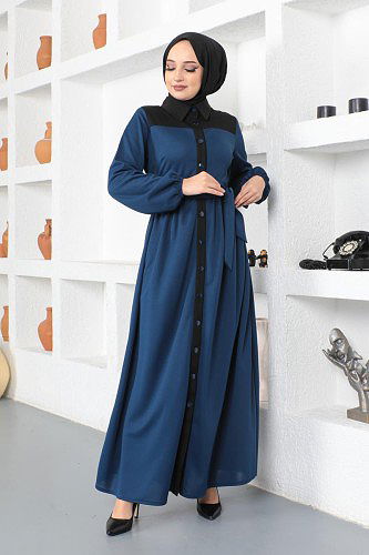 Önden Düğmeli Kuşaklı Elbise-5129 İndigo - Thumbnail