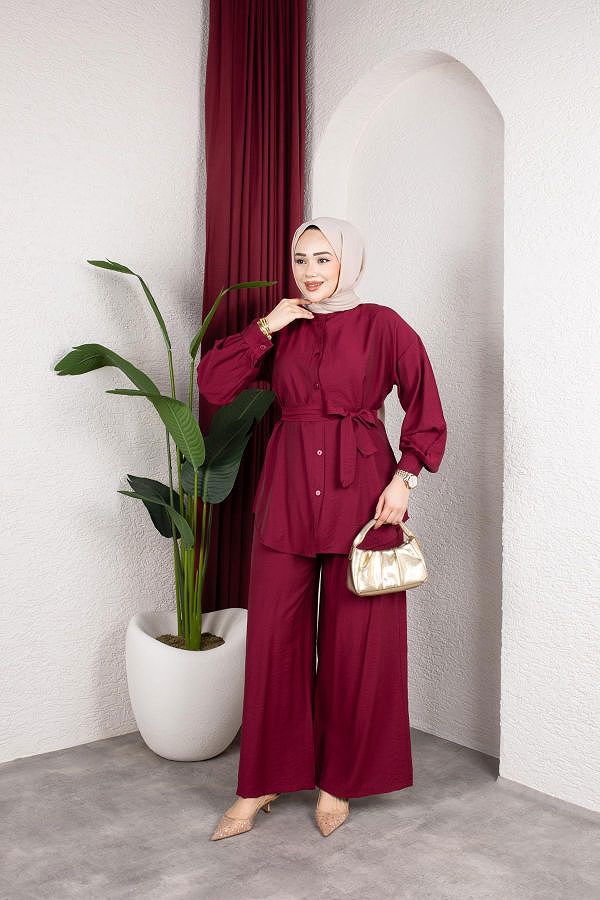 Önden Düğmeli Kuşaklı İkili Takım-8231 Bordo