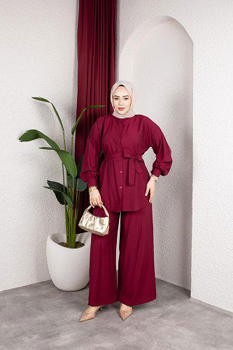 Önden Düğmeli Kuşaklı İkili Takım-8231 Bordo - Thumbnail