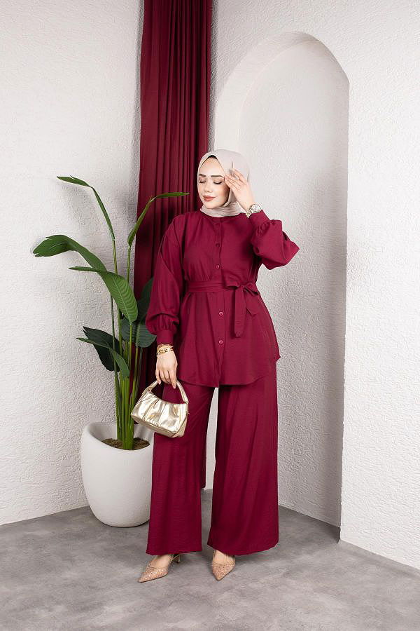 Önden Düğmeli Kuşaklı İkili Takım-8231 Bordo