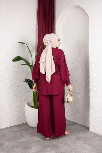 Önden Düğmeli Kuşaklı İkili Takım-8231 Bordo - Thumbnail